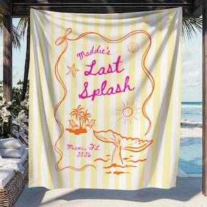 May include: A beach towel with vertical yellow and white stripes. The towel features an orange outline with the text "Maddie's Last Splash" in pink. Additional orange illustrations include a starfish, palm trees, a sun, and a whale tail. The location "Miami, FL 2026" is also displayed.