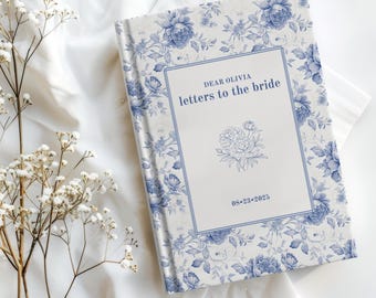 Letters to the Bride Book Blue Toile, Personalized Wedding Gift, Custom Bridal Shower Keepsake, Bride Memory Book, Peony Journal