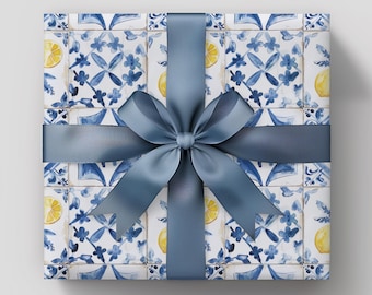 Italian Lemon Wrapping Paper, Mediterranean Tile Gift Wrap, Bridal Shower, Amalfi Coast Wedding, Summer Birthday Gift Wrap