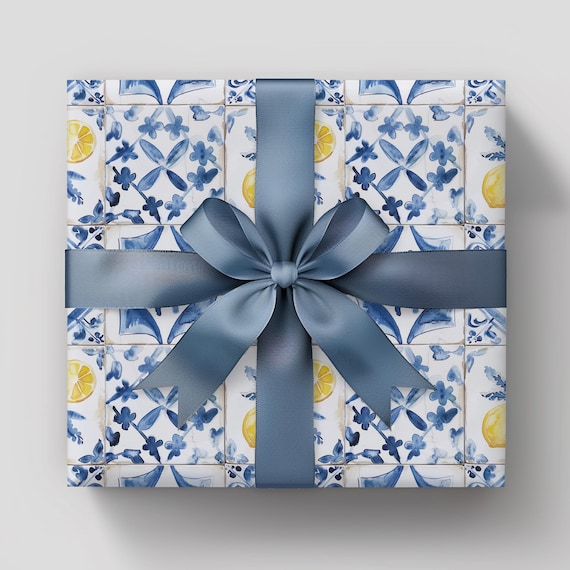 Italian Lemon Wrapping Paper, Mediterranean Tile Gift Wrap, Bridal Shower, Amalfi Coast Wedding, Summer Birthday Gift Wrap