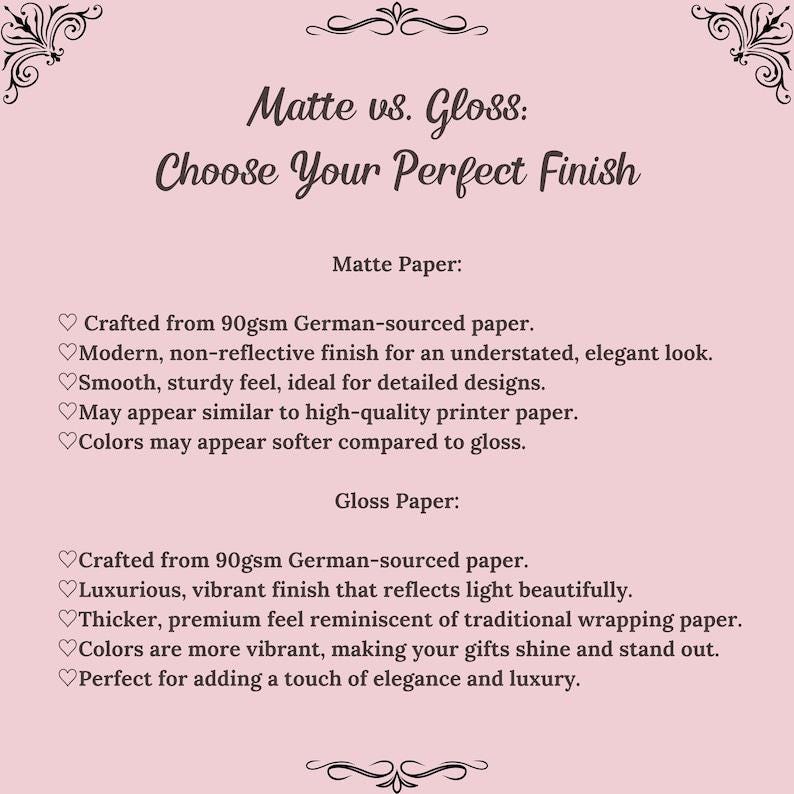 May include: Matte vs. Gloss: Choose Your Perfect Finish.  A comparison of two paper types for printing.  Matte paper is crafted from 90gsm German-sourced paper and has a non-reflective finish. Gloss paper is also crafted from 90gsm German-sourced paper and has a vibrant finish that reflects light.