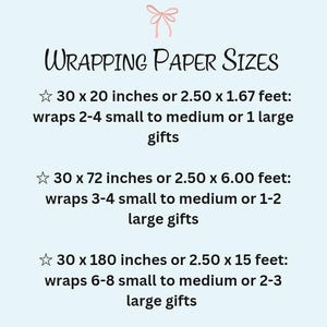 Op de afbeelding: Een gids voor cadeaupapierformaten, met drie verschillende formaten. De formaten zijn aangegeven in inches en voet, en het aantal kleine tot middelgrote of grote cadeaus dat elk formaat kan inpakken, is ook vermeld.