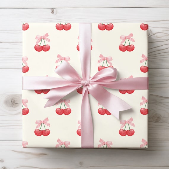 Cherry Wrapping Paper, Pink Bow Gift Wrap, Custom Wrapping Paper Roll, Anniversary Gift, Wife Gift, Gift for Girlfriend, Birthday Gifts