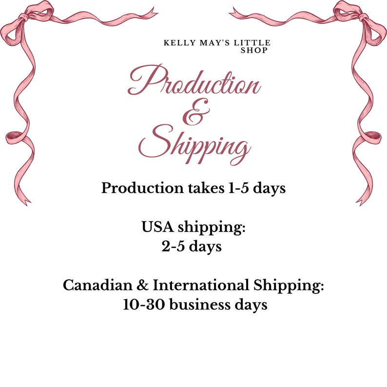May include: A white background with pink ribbon accents and text. The text reads "KELLY MAY'S LITTLE SHOP" at the top. Below, it says "Production & Shipping". Additional text details production and shipping times.