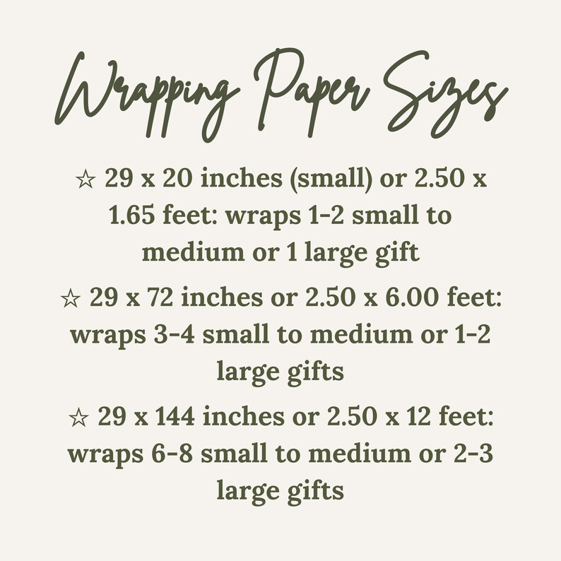 May include: A cream-colored graphic with the text "Wrapping Paper Sizes" in a handwritten font. The text details three wrapping paper sizes: 29 x 20 inches, 29 x 72 inches, and 29 x 144 inches, with gift wrapping capacity.