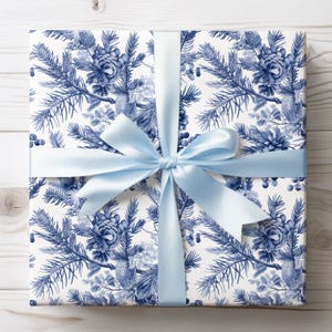 Christmas Toile De Jouy Wrapping Paper Roll, Pinecone Gift Wrap, Blue Christmas Gift Wrapping, Holiday Gifts