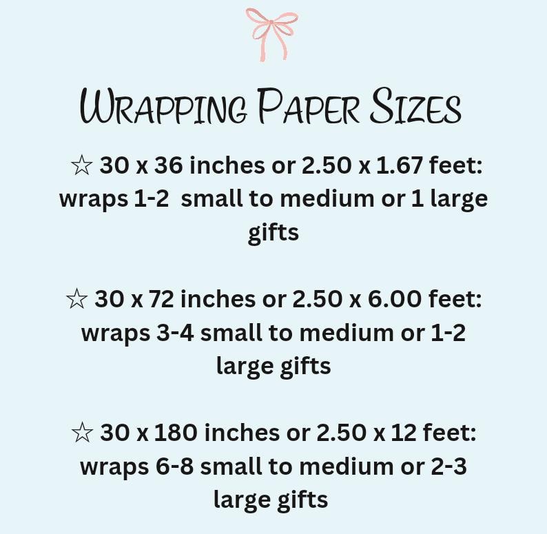 May include: A guide to wrapping paper sizes, with three different sizes listed in inches and feet. The guide explains how many small to medium or large gifts each size can wrap.