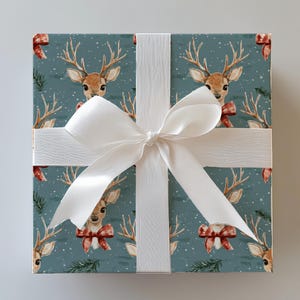Christmas Reindeer Wrapping Paper with Red Plaid Bow, Luxury Gift Wrap Roll, Holiday Present Wrap, Elegant Christmas Gift Wrap
