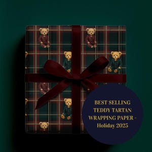 Tartan Teddy Bär Weihnachtsgeschenkpapierrolle, Dark Erbse Urlaub Geschenkpapier Rolle, Klassische Karierte Weihnachtsdekoration, Luxus Matte oder Satin Papier