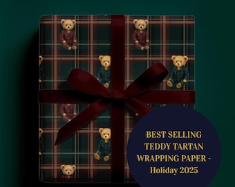Rol kerstinpakpapier tartan teddybeer, cadeaupapier donkere Heritage Holiday, klassiek geruit kerstdecor, luxe mat of satijnpapier