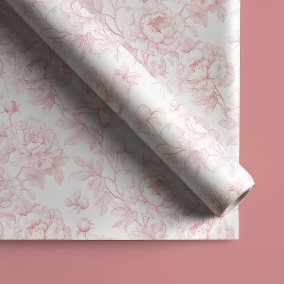 Blush Pink Peony Toile Wrapping Paper, Luxury Bridal Shower Gift Wrap, Coquette Baby Shower Wrapping Paper, Feminine Birthday Gift Wrap