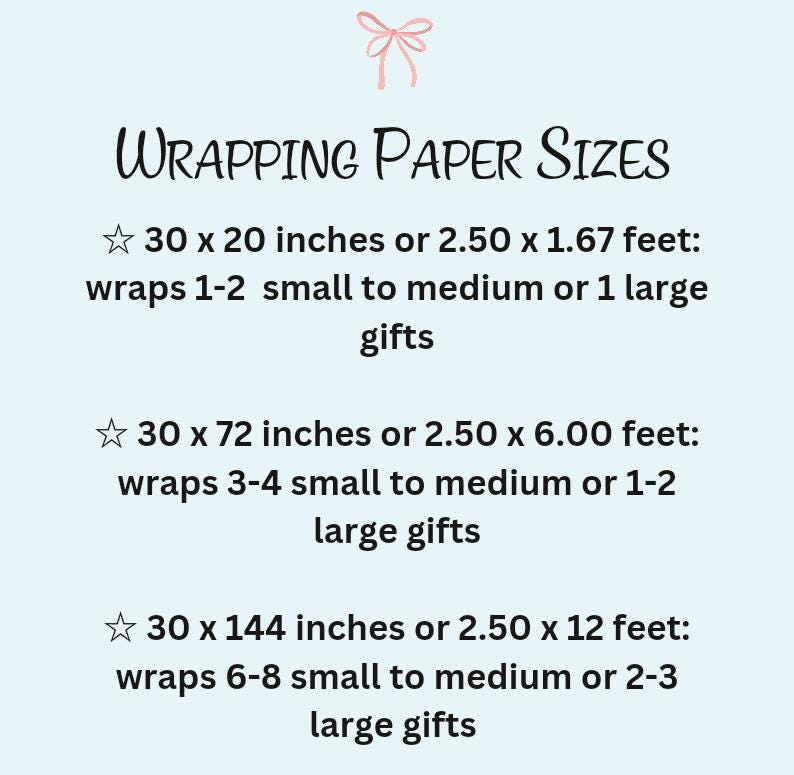 May include: Image showing wrapping paper sizes. The text reads: 30 x 20 inches wraps 1-2 small gifts, 30 x 72 inches wraps 3-4 small gifts, and 30 x 144 inches wraps 6-8 small gifts. A pink bow is at the top.