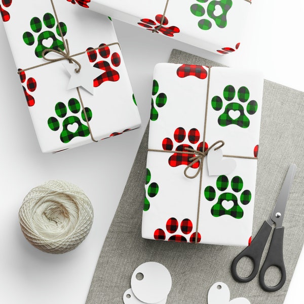 Christmas Dog Wrapping Paper, Christmas Dog Gift Wrap, Christmas Pawprint Wrapping Paper, Plaid Pawprint Wrapping Paper