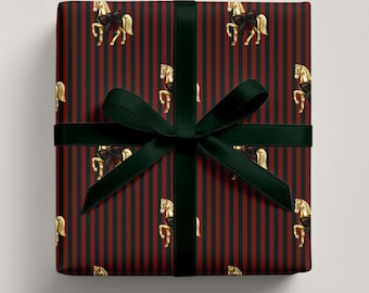 Striped Christmas Gift Wrap, Equestrian Heritage Wrapping Paper Roll, Classic Preppy Holiday Gift Wrap, Elegant Country Christmas