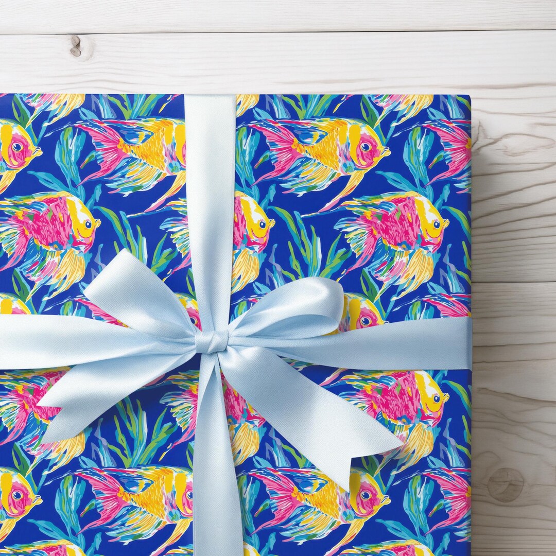 Ocean Wrapped Box Watercolor Fish Print Gift Wrap, Ocean Life Wrapping Paper, Oneder the ...