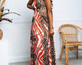Women's Maxi Dress in Vibrant Orange and White Zebra Print With Front Slit  and Tie Detail - Etsy