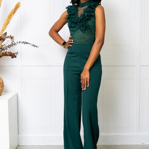 TUX ENCHANTED JUMPSUIT, green jumpsuit, crochet jumpsuit, lace jumpsuit, garland jumpsuit, elegant jumpsuit, mesh jumpsuit, formal jumpsuit