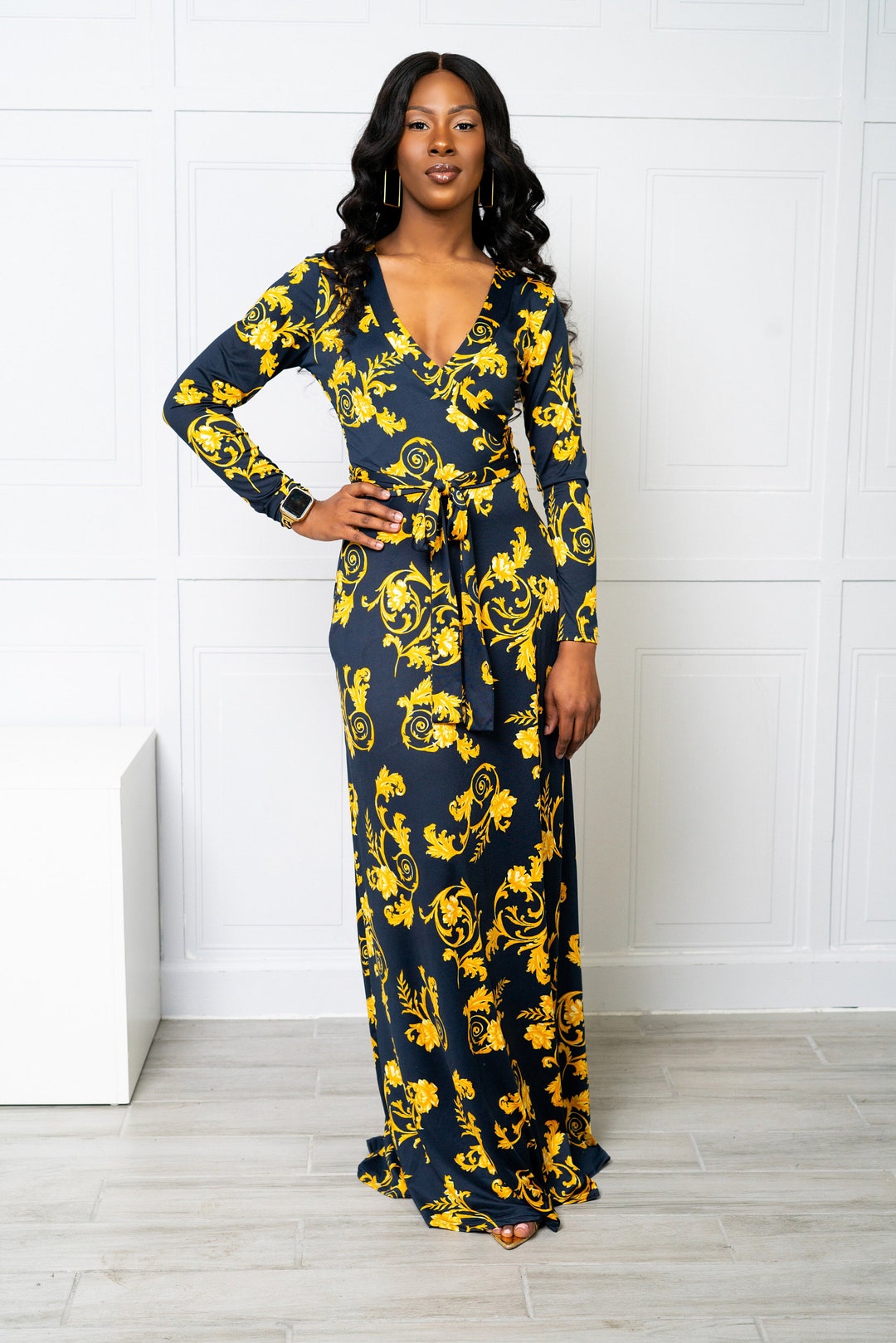 NAVY MEDALLION WRAP blue and yellow dress NAVY MEDALLION WRAP blue and yellow dress