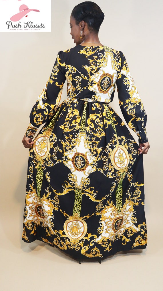 ATTENTION ON DEMAND Maxi Gold and Black Dress Black and Gold High