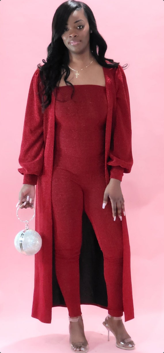 PoshKlosets Figure Me Out Red Metallic Cardigan Jumpsuit Set