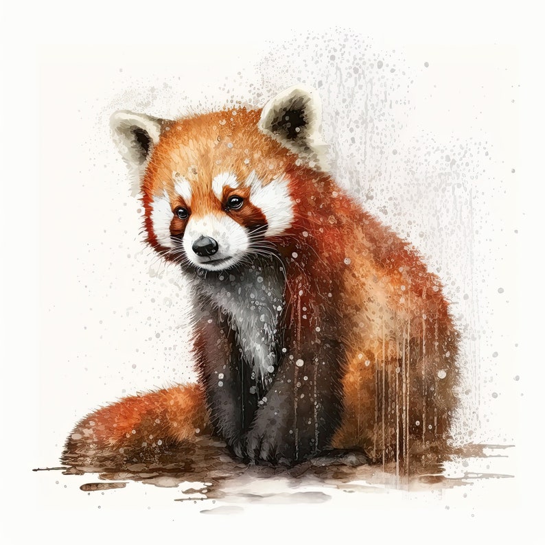 May include: A watercolor painting of a red panda sitting on a white background. The red panda has a red and white coat and a black nose. The painting is done in a realistic style and the red panda is looking to the left.