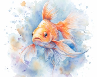 虹色の金魚の水彩画クリップアート、印刷可能な魚のアート（デジタル