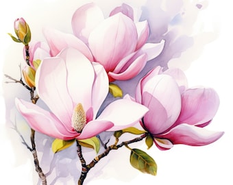 May include: A watercolor painting of three pink magnolia flowers with green leaves and stems. The flowers are in bloom and have a delicate, feminine appearance.