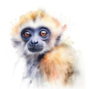 May include: A watercolour painting of a white-handed gibbon with brown fur and large, dark eyes. The gibbon is looking directly at the viewer with a curious expression. The background is a soft, watercolour wash of light blue and pink.
