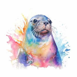 May include: A watercolour painting of a seal with a calm expression. The seal's fur is a mix of blue, grey, and brown, with colourful watercolour splashes in shades of pink, orange, yellow, and blue surrounding the animal. The background is white.