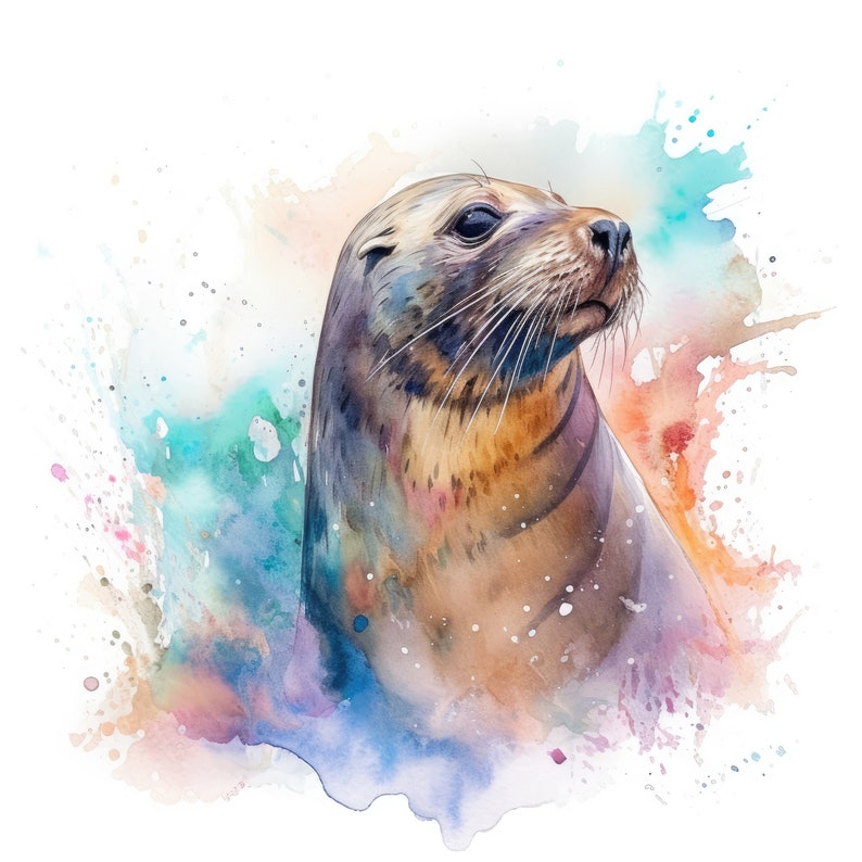 May include: A watercolour painting of a sea lion, featuring brown fur and long whiskers. The sea lion is set against a backdrop of colourful watercolour splashes in shades of blue, pink, and orange, creating a vibrant effect.
