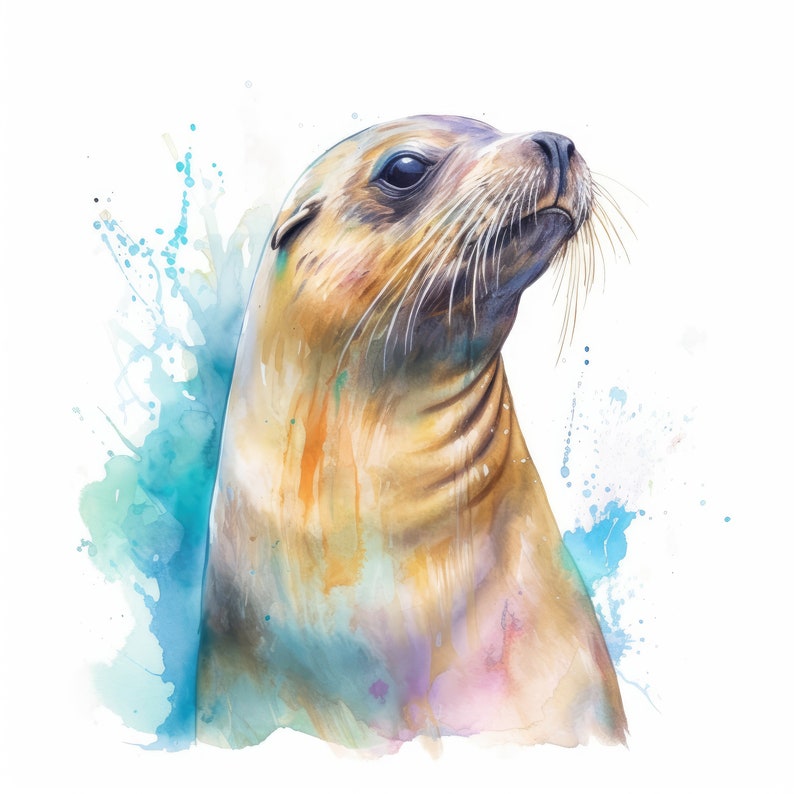 May include: A watercolour painting of a sea lion, depicted with a light brown coat and dark eyes, gazing upwards. The artwork incorporates blue and turquoise watercolour splashes against a white backdrop, creating a vibrant artistic effect.