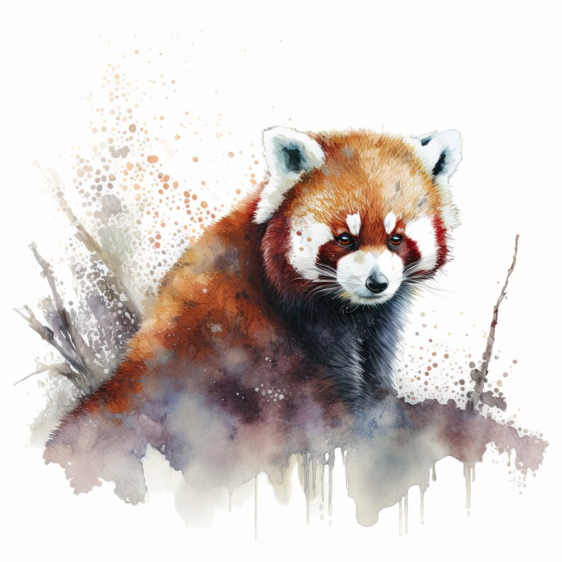May include: Watercolor painting of a red panda sitting on a branch. The panda is looking to the side with a serious expression. The background is a light brown with white splatters.