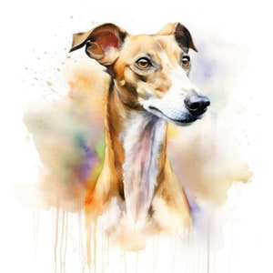 Puede incluir: Pintura acuarela de un perro marr&oacute;n y blanco con un fondo suave y borroso. El perro tiene un hocico largo y ojos grandes y expresivos.