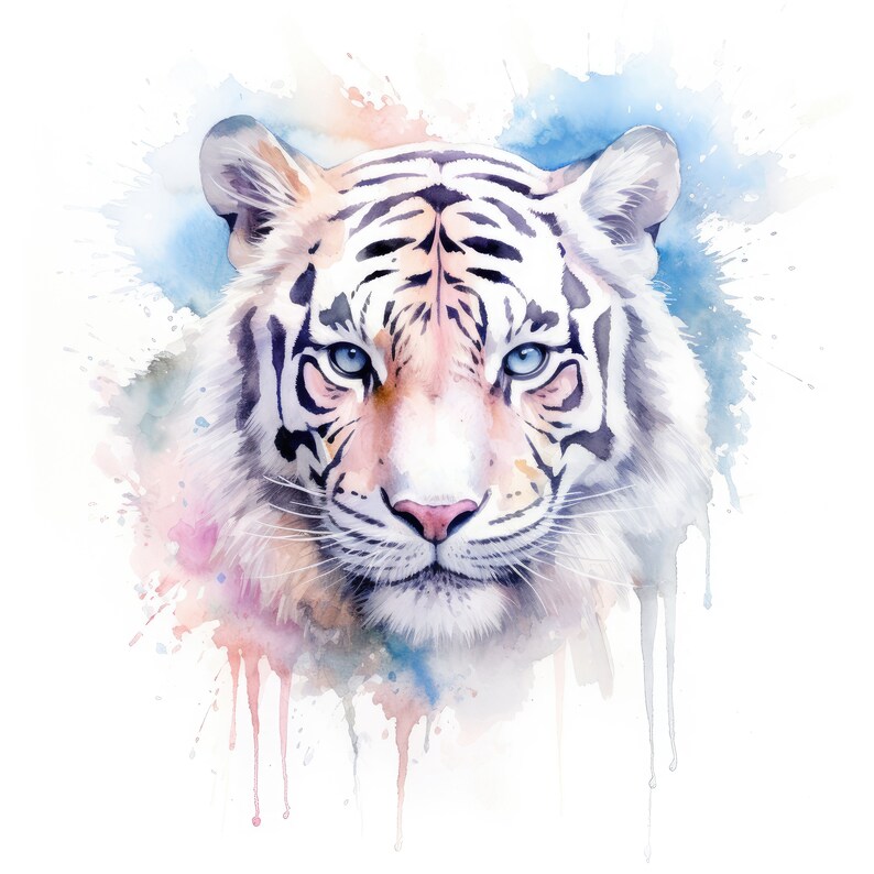 Op de afbeelding: Een aquarel schilderij van een witte tijger met blauwe ogen. De tijger kijkt recht naar de kijker. De achtergrond is een zachte aquarel was van roze, blauw en groen.