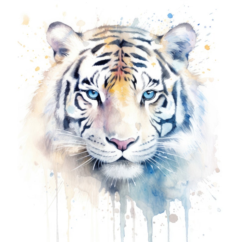 Op de afbeelding: Waterverf schilderij van een witte tijger met blauwe ogen. De tijger kijkt recht naar de kijker. De achtergrond is een lichtblauwe en witte waterverf wassing.