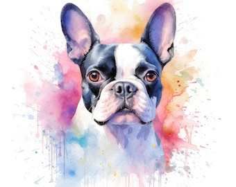 Watercolor Boston Terrier Clipart | 10 High Quality JPG | Scrapbooking, Card making, Digital Paper Craft | Commercial Use | Digital Download