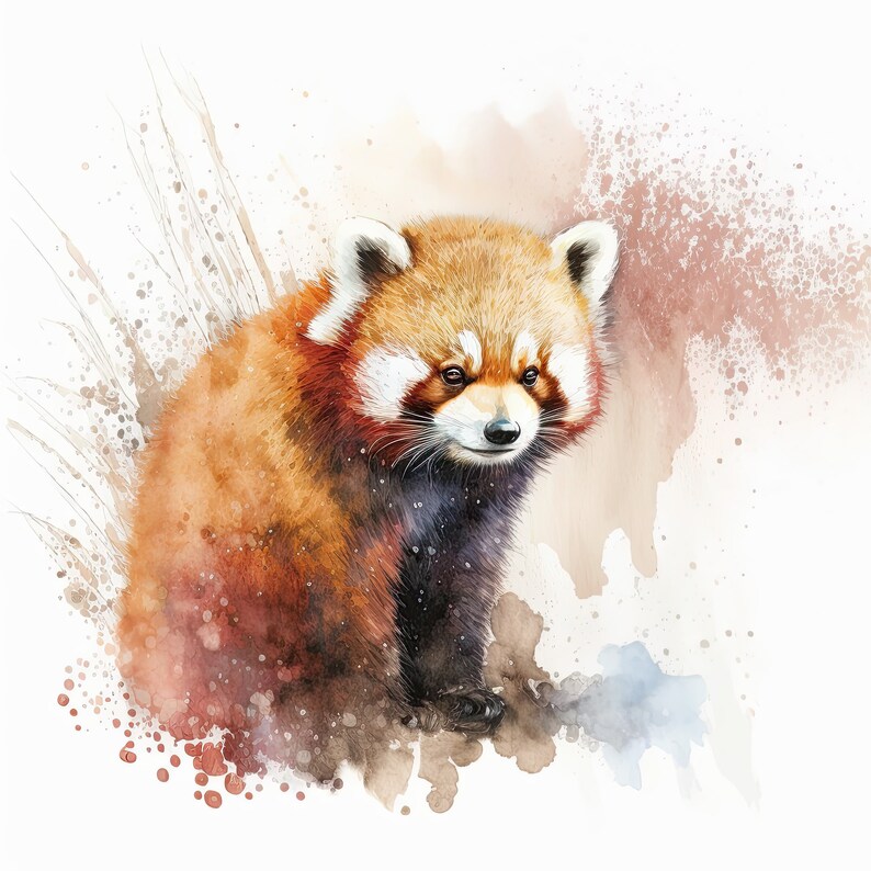 May include: A watercolor painting of a red panda sitting on a brown and white background. The red panda has a reddish-brown coat with white markings on its face and a black nose.