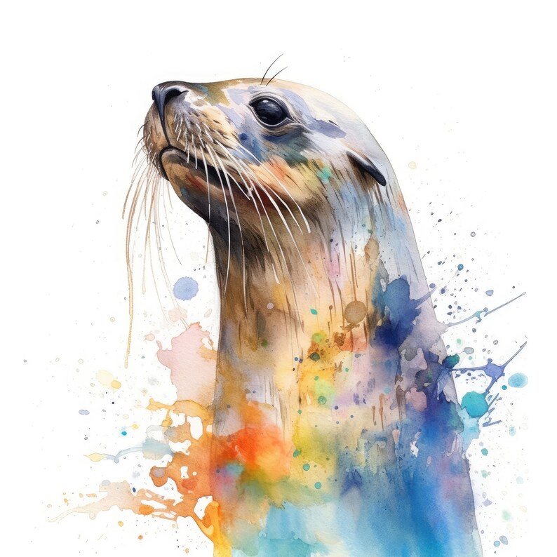 May include: A watercolour painting of a sea lion, depicted with a calm expression and a colourful array of blues, oranges, and yellows. The artwork is set against a white backdrop, highlighting the sea lion's head and upper body, including its whiskers and dark eyes.
