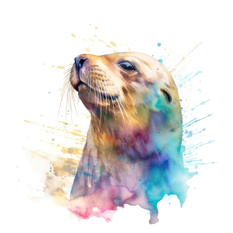 May include: A watercolour painting of a sea lion, depicted with a light brown face and whiskers, gazing upwards. The artwork incorporates colourful splashes of blue, purple, and yellow, producing a vibrant artistic effect against a white backdrop.