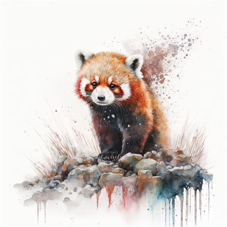 May include: A watercolor painting of a red panda sitting on rocks with a white background. The red panda has a red and white coat and black legs. The painting has a watercolor effect with splashes of color.