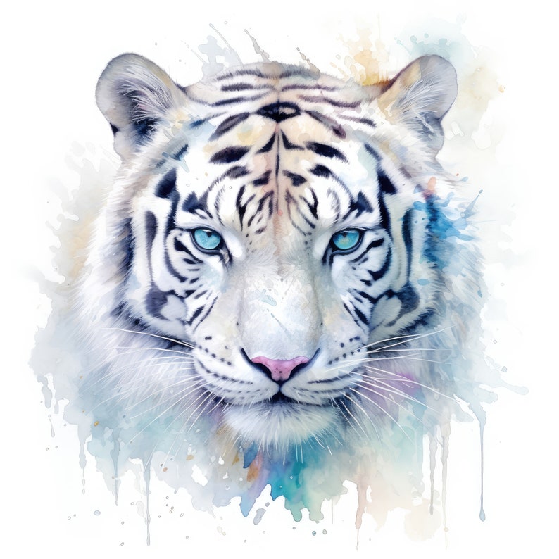 Op de afbeelding: Een witte tijger met blauwe ogen, geschilderd in aquarel met spatten van kleur eromheen.