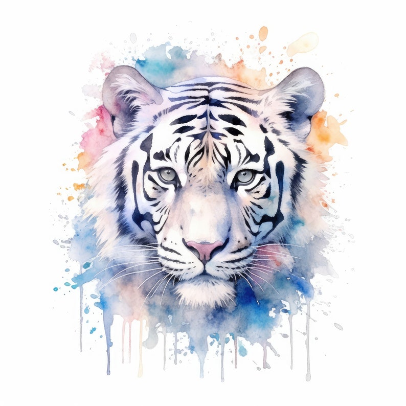 Op de afbeelding: Een aquarel schilderij van een witte tijger met zwarte strepen. Het gezicht van de tijger is het middelpunt van het schilderij, en de achtergrond is een kleurrijke aquarel was.