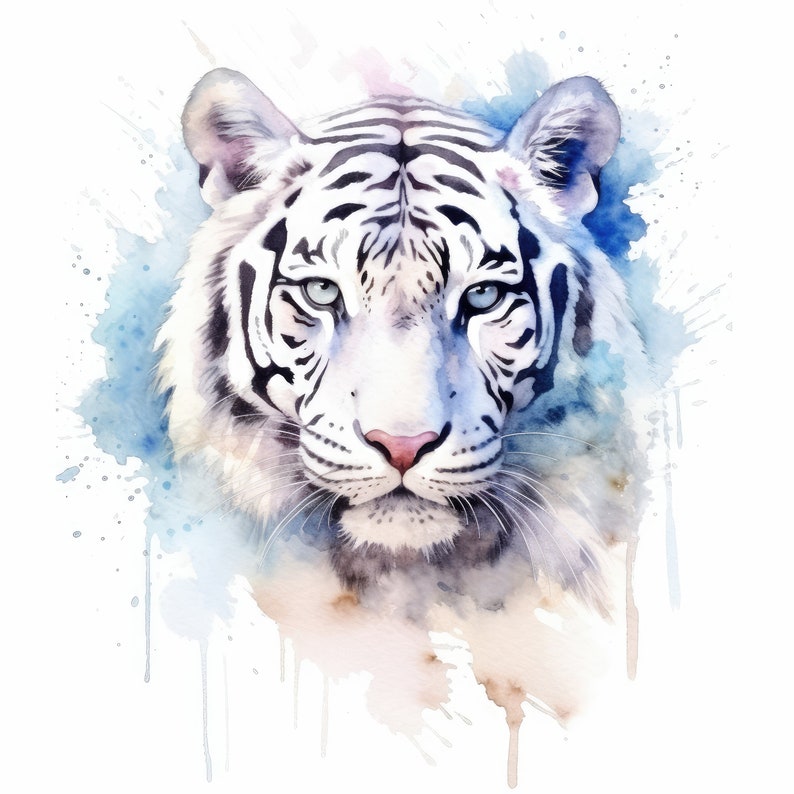 Op de afbeelding: Een aquarel schilderij van een witte tijger met blauwe, roze en bruine spatten verf op de achtergrond.