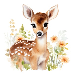 Floral Fawn Clipart aquarel | 10 JPG van hoge kwaliteit | Scrapbooking, kaarten maken, digitale papiermodellen | Commercieel gebruik | Digitaal downloaden
