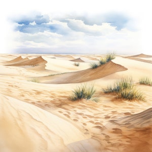 May include: A watercolor painting of a desert landscape with rolling sand dunes and sparse vegetation. The sky is a light blue with wispy clouds. The sand is a light beige color with some areas of brown.
