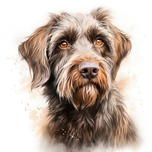 Puede incluir: Un retrato de cerca de un perro marrón y negro con una cara suave y peluda. El perro tiene un hocico largo con una nariz negra y ojos marrones. El pelaje del perro es suave y esponjoso, y el fondo es de color marrón claro.