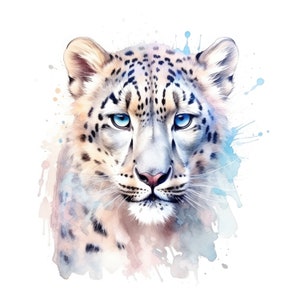 May include: A watercolour illustration of a snow leopard's face. The big cat has bright blue eyes, a pink nose, and a white and cream-coloured coat with black spots. Splashes of blue, pink, and brown surround the leopard's face.