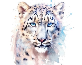 Snow Leopard Watercolor Clipart / 10 JPG de alta calidad / Scrapbooking, Fabricación de tarjetas, Arte de papel digital / Uso comercial / Descarga digital