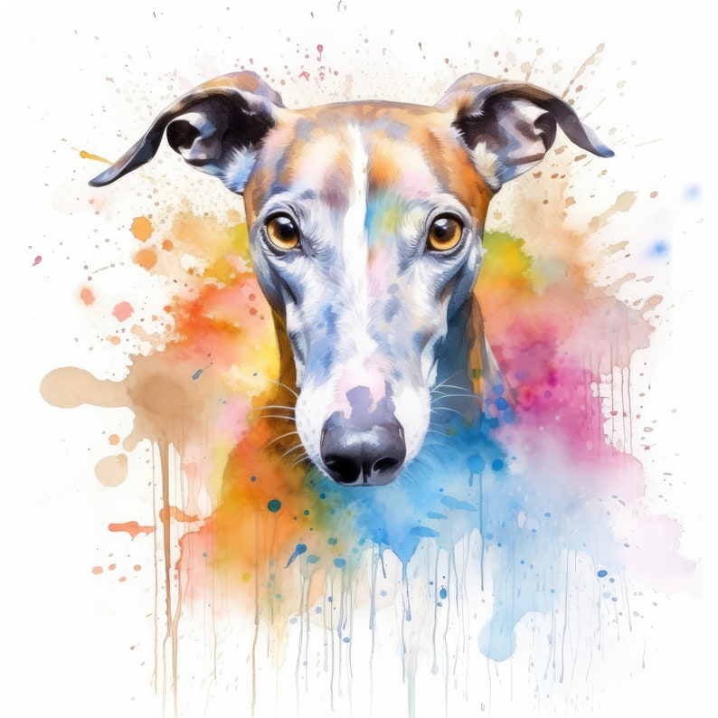 Puede incluir: Pintura de acuarela de la cabeza de un perro con un fondo colorido. El perro es un galgo con pelaje marr&oacute;n y blanco. El fondo es una mezcla de azul, rosa, amarillo y naranja.