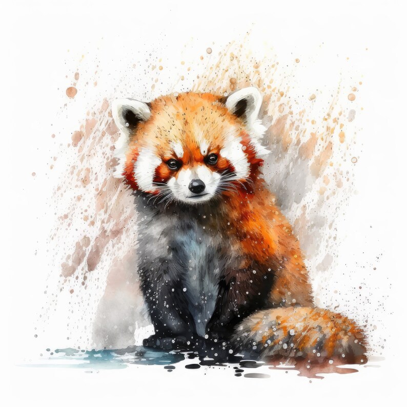 May include: A watercolor painting of a red panda sitting on a light brown background with splashes of watercolor. The red panda has a white face with black markings around its eyes and a black nose.